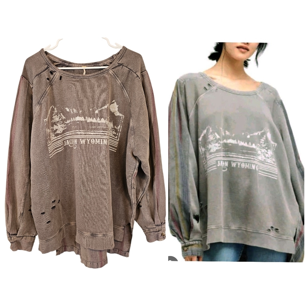 Free People Jackson Wyoming Distressed Striped Oversized Camden Sweater